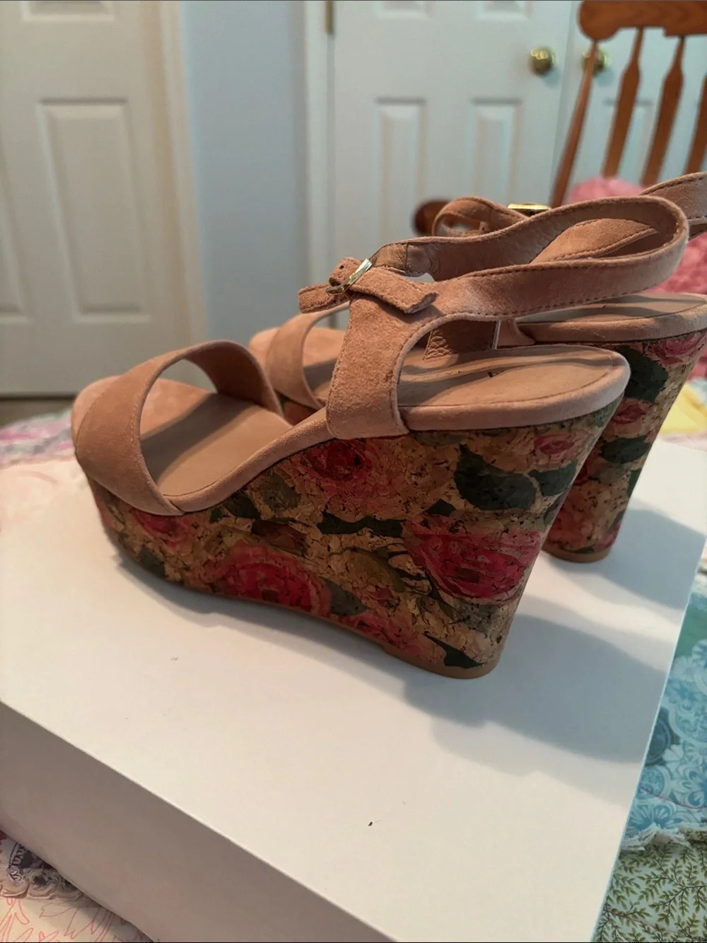 Anthropologie Blush Suede Wedge Sandals with Floral Cork Platform